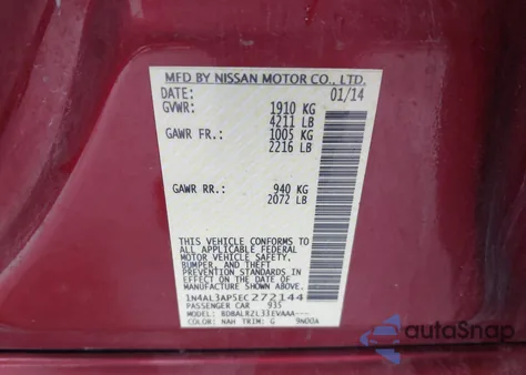 2014 Nissan Altima 2.5/2.5 S/2.5 Sl/2.5 Sv z USA, uszkodzony, nr VIN 1N4AL3AP5EC272144